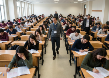 Sınıfta sınav olan öğrenciler ve gözetmen öğretmen.