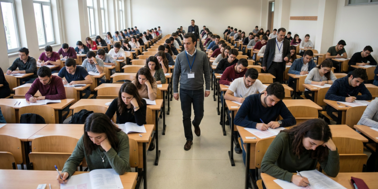 Sınıfta sınav olan öğrenciler ve gözetmen öğretmen.