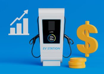 Mavi arkaplanda EV istasyonu, yükselen grafik grafikleri ve dolar simgesi.
