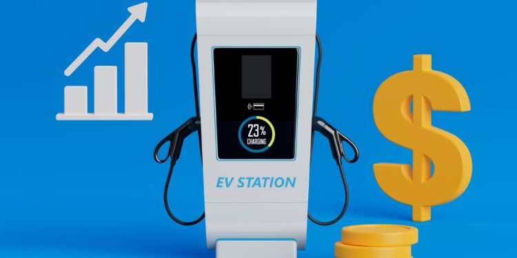 Mavi arkaplanda EV istasyonu, yükselen grafik grafikleri ve dolar simgesi.
