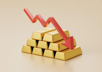 Altın külçelerinin üzerinde değer kaybını gösteren kırmızı bir grafik oku bulunuyor.