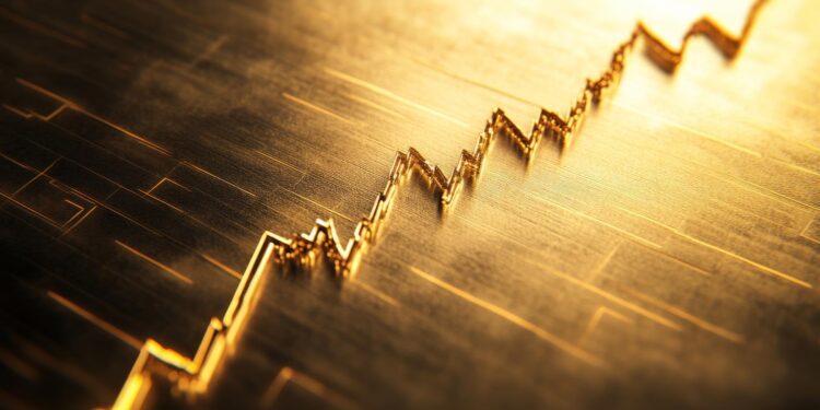 Yüzey üzerine yerleştirilmiş altın renkli yükselen borsa grafik çizgisi.