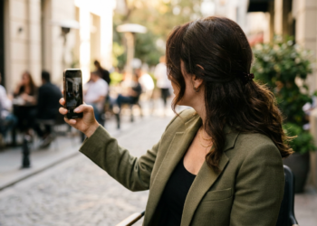 Sokak kafesinde oturan ve akıllı telefonuyla fotoğraf çeken şık kadın.