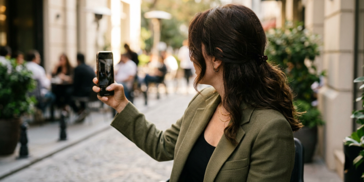 Sokak kafesinde oturan ve akıllı telefonuyla fotoğraf çeken şık kadın.