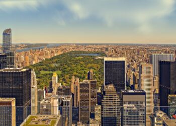 New York şehrinin gökdelenleri ve ortasındaki yeşil Central Park manzarası.