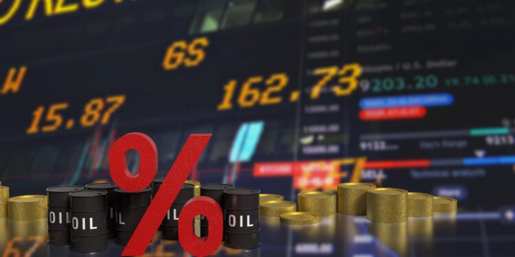 Petrol varilleri ve altın yığınlarının önünde büyük kırmızı yüzde işareti