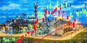 Endüstriyel tesis üzerinde borsa grafiklerinin yer aldığı finansal grafik görseli.