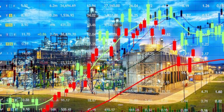 Endüstriyel tesis üzerinde borsa grafiklerinin yer aldığı finansal grafik görseli.