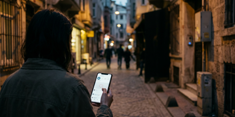 Akşam karanlığında sokakta yürürken telefonundaki sosyal medya paylaşımını inceleyen genç bir kadın.