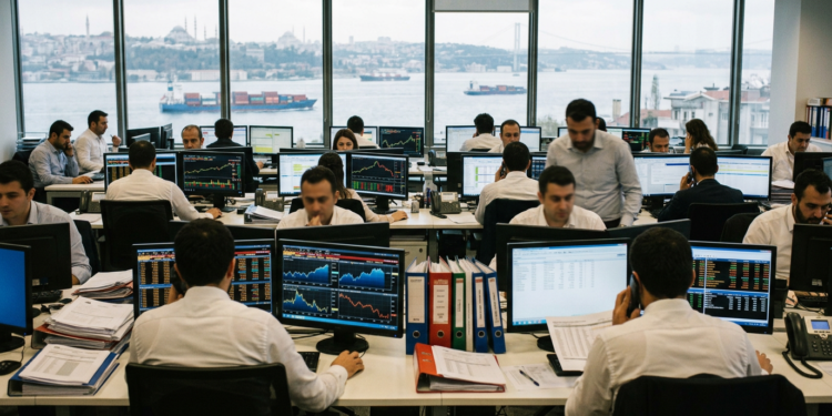 Modern bir ofiste çalışan ve ekranlardan finansal verileri takip eden borsa uzmanları.