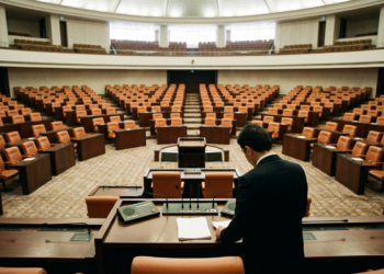 Meclis kürsüsünde konuşma yapan bir siyasetçinin ve boş koltukların genel planı.