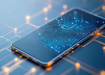 Parlak ışık çizgileri ve devre yolları arasında duran akıllı telefon.