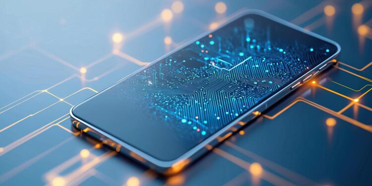 Parlak ışık çizgileri ve devre yolları arasında duran akıllı telefon.