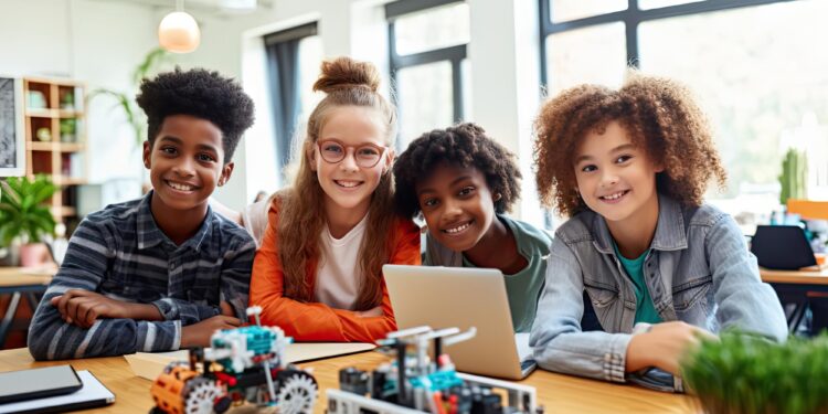Çeşitli yaşlardaki mutlu çocuklar masa başında robotik projeleriyle gülümsüyor.