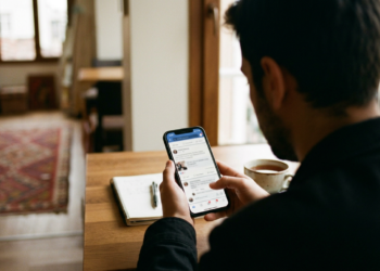 Masada oturan ve akıllı telefonuyla sosyal medya akışını inceleyen bir adam.