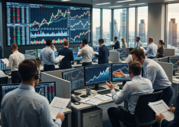 Modern borsa ofisinde çalışan finans uzmanları ekranlardan piyasa verilerini takip ediyor.