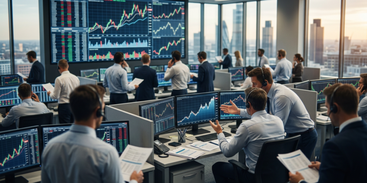 Modern borsa ofisinde çalışan finans uzmanları ekranlardan piyasa verilerini takip ediyor.