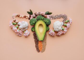 Üreme sistemi şeklindeki pembe karton üzerinde avokado, brokoli, kuruyemiş ve çiçekler.