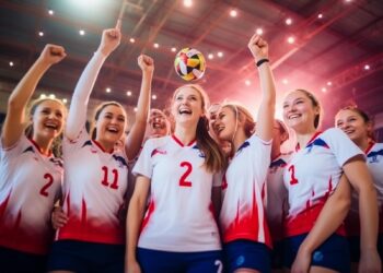 Sevinçle kollarını kaldıran formalı kadın voleybolcu sporcular kutlama yapıyor.