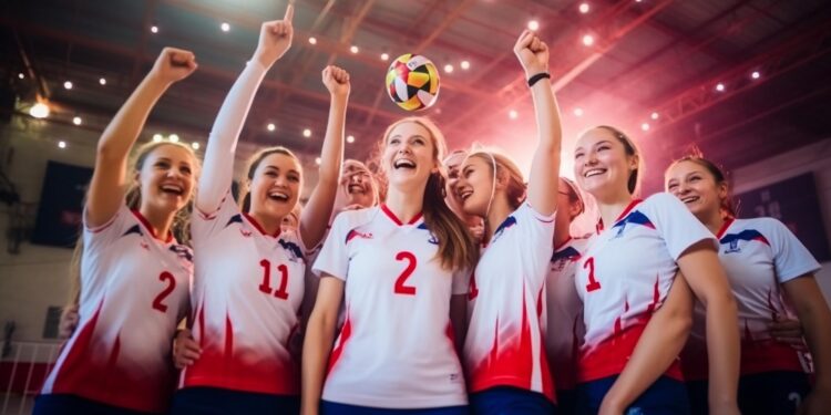 Sevinçle kollarını kaldıran formalı kadın voleybolcu sporcular kutlama yapıyor.
