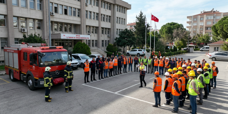 Aydın İl Tarım ve Orman Müdürlüğü binası önünde düzenlenen yangın ve deprem tatbikatı.