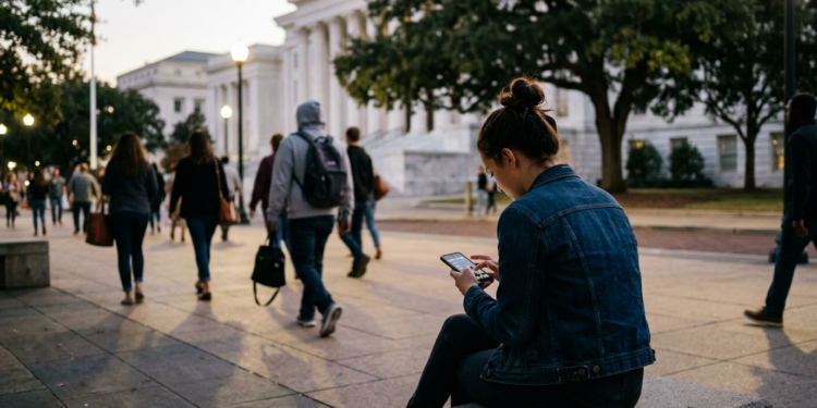 Açık havada bankta oturup telefonuna bakan genç bir kadın ve arkasındaki kalabalık.