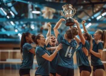 Kupa kaldıran ve birbirini kutlayan voleybolcu kadınların arkadan görünümü