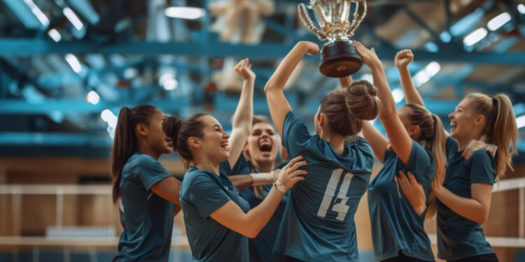 Kupa kaldıran ve birbirini kutlayan voleybolcu kadınların arkadan görünümü