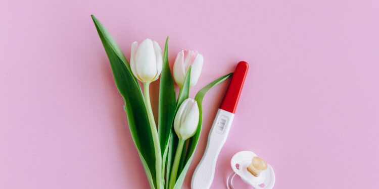 Pembe fon üzerinde beyaz lale demeti, gebelik testi ve bebek emziği.