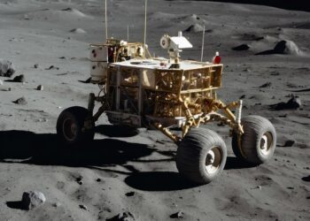 Ay yüzeyinde hareket eden altı tekerlekli robotik uzay aracı görünümü.