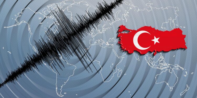Dünya haritası üzerinde Türkiye konumu ve deprem sismograf çizgileri.