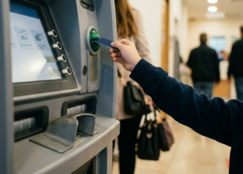 Bir banka şubesinde ATM'den kartıyla işlem yapan bir öğrencinin yakın plan görüntüsü.